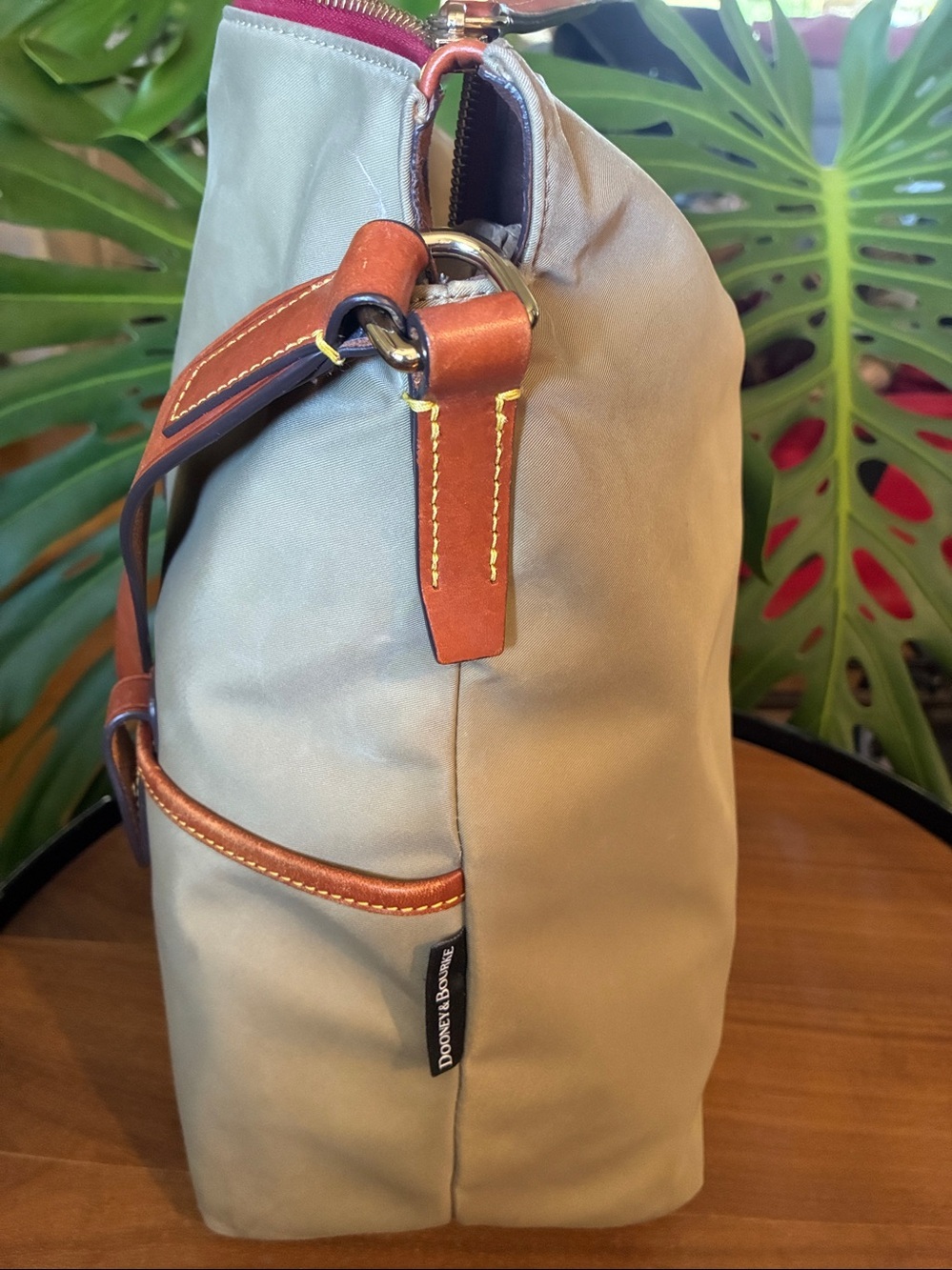 Dooney & Bourke Tan Satchel Nylon⁹ Hobo Bag with Brown Leather Trim - Picture 4 of 9
